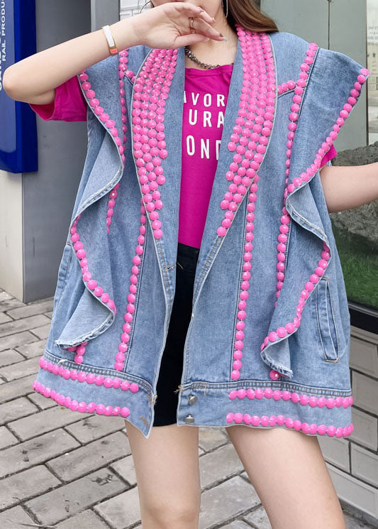 Style Blue Ruffled Nail Perle Patchwork Patchwork Denim Vest sans manches