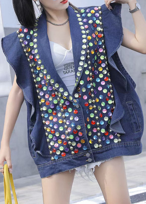 Style Blue Ruffled Nail Perle Sequins Patchwork Denim Vest sans manche