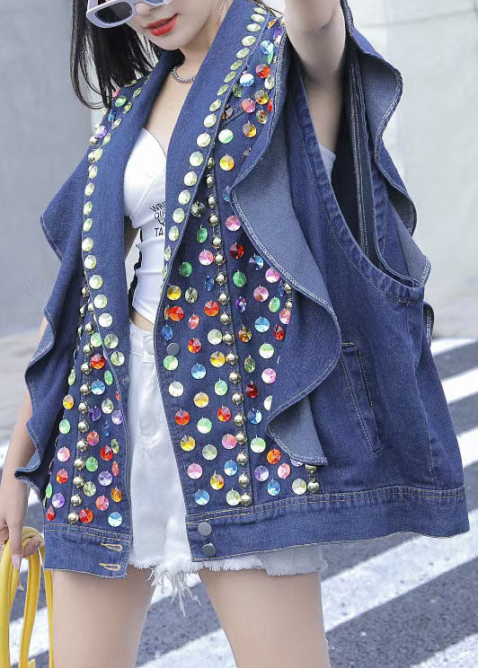 Style Blue Ruffled Nail Perle Sequins Patchwork Denim Vest sans manche