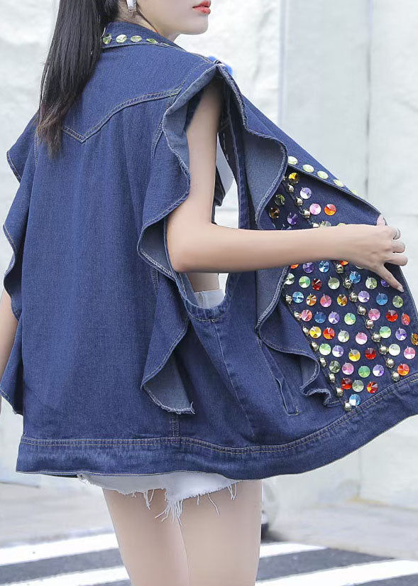 Style Blue Ruffled Nail Perle Sequins Patchwork Denim Vest sans manche