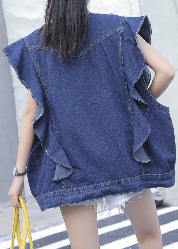 Style Blue Ruffled Nail Perle Sequins Patchwork Denim Vest sans manche