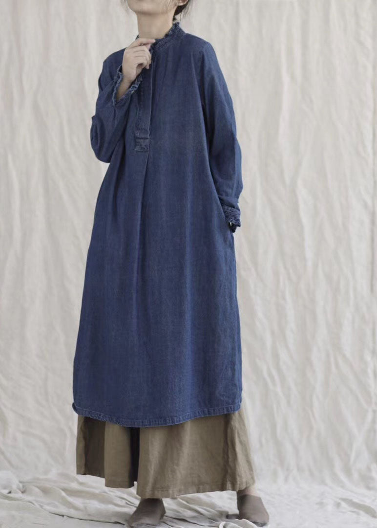 Style Blue Ruffled Pockets Denim Robe Spring