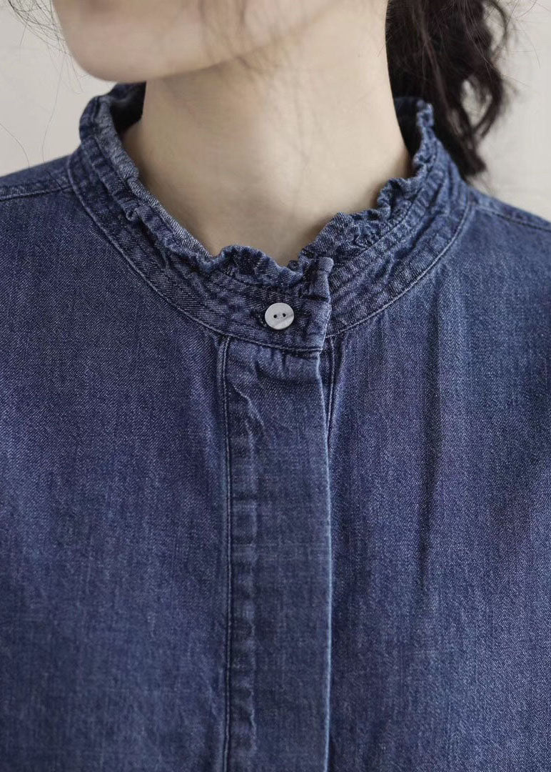 Style Blue Ruffled Pockets Denim Robe Spring