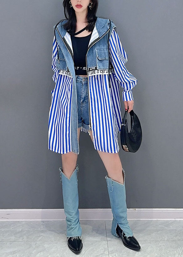 Style Blue Striped Patchwork Faux Two Pieces Denim Sweats Souvent à manches longues