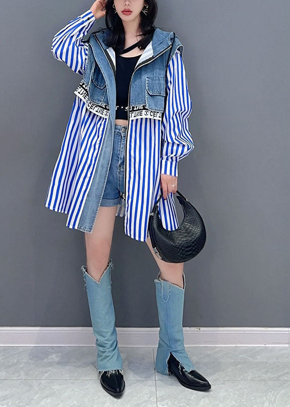 Style Blue Striped Patchwork Faux Two Pieces Denim Sweats Souvent à manches longues