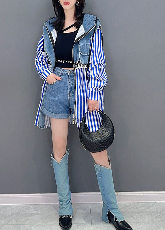 Style Blue Striped Patchwork Faux Two Pieces Denim Sweats Souvent à manches longues