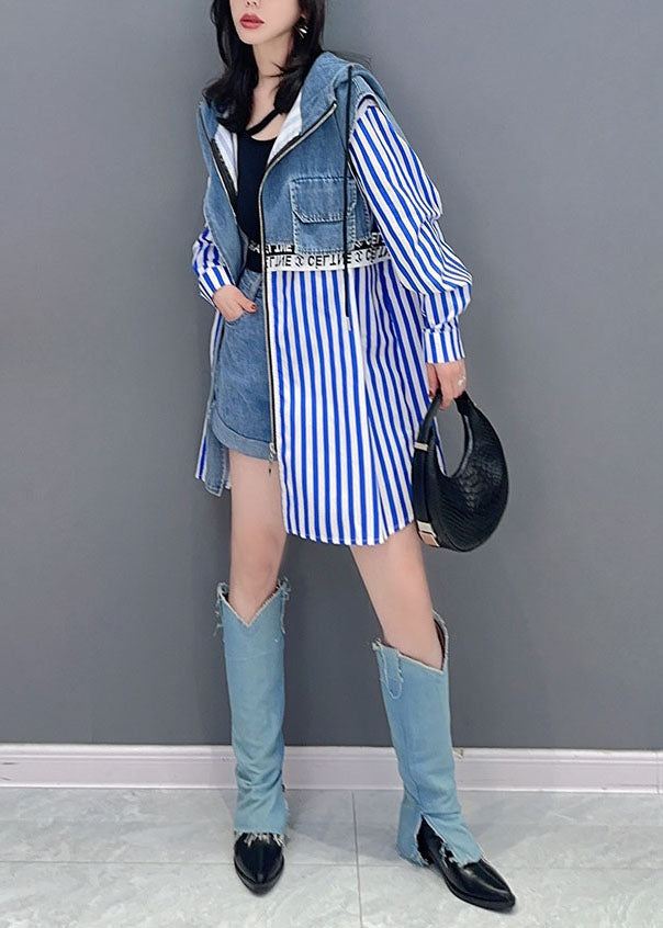 Style Blue Striped Patchwork Faux Two Pieces Denim Sweats Souvent à manches longues