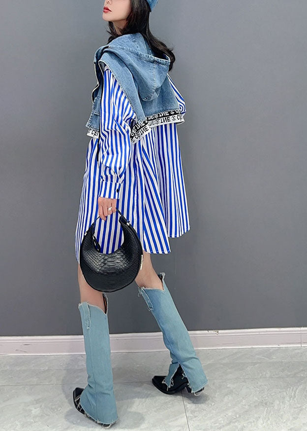 Style Blue Striped Patchwork Faux Two Pieces Denim Sweats Souvent à manches longues