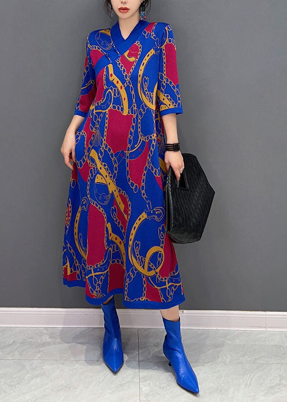 Style Blue V Neck Oriental Bouton Imprimé Long Robe Half Mancheve