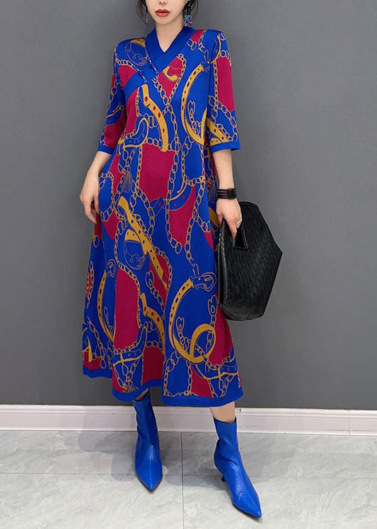 Style Blue V Neck Oriental Button Print Long Dress Half Sleeve