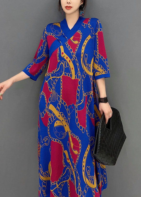 Style Blue V Neck Oriental Bouton Imprimé Long Robe Half Mancheve