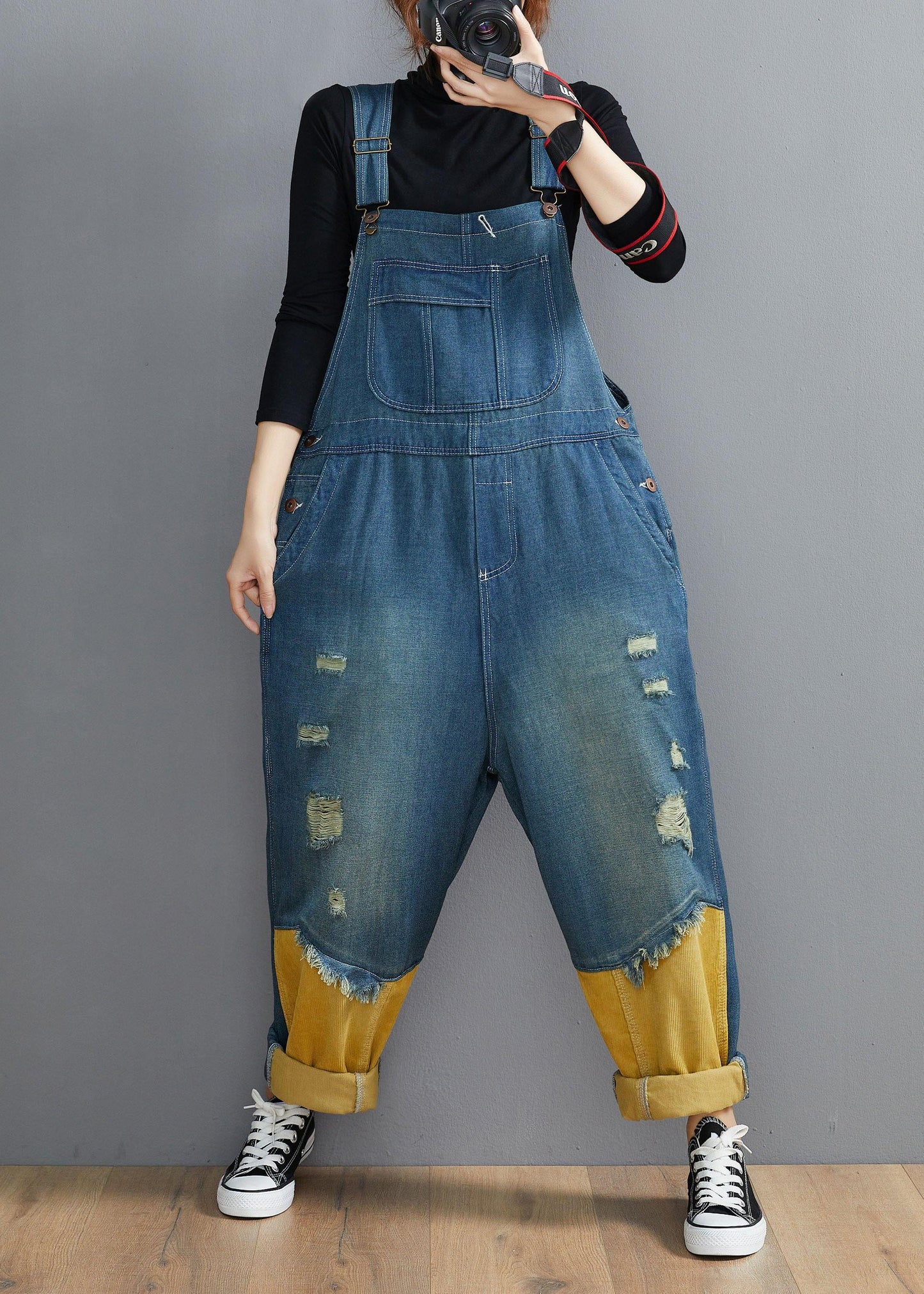 Style Denim Blue Pant Plus Size Spring Hole Jumpsuit Pants - SooLinen