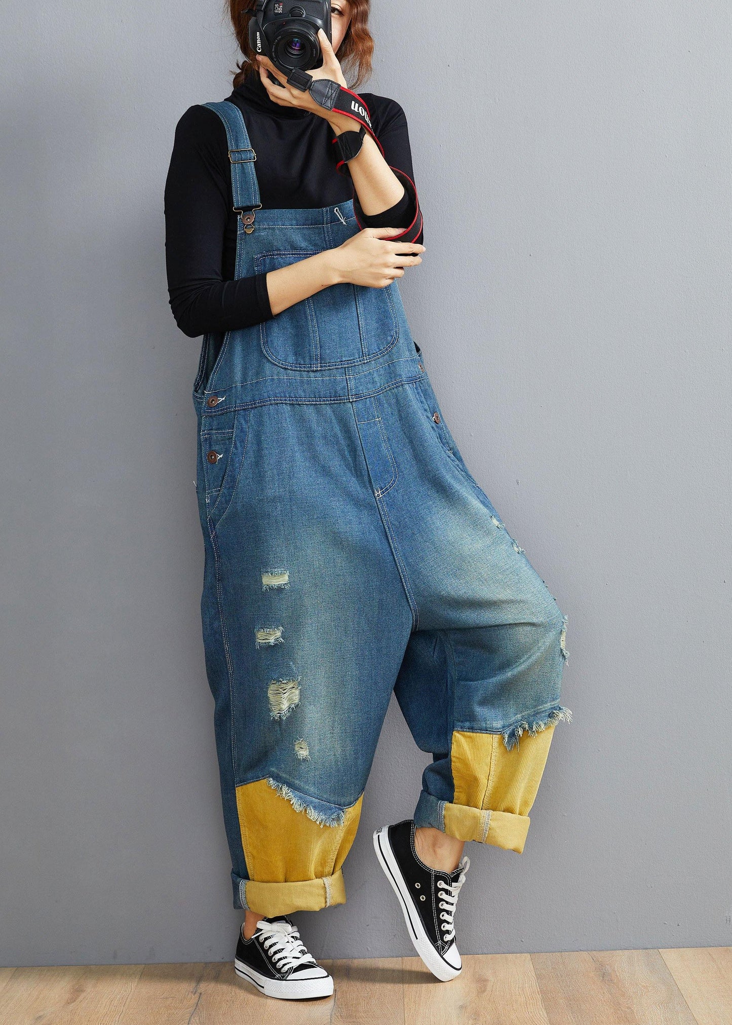 Style Denim Blue Pant Plus Size Spring Hole Jumpsuit Pants - SooLinen