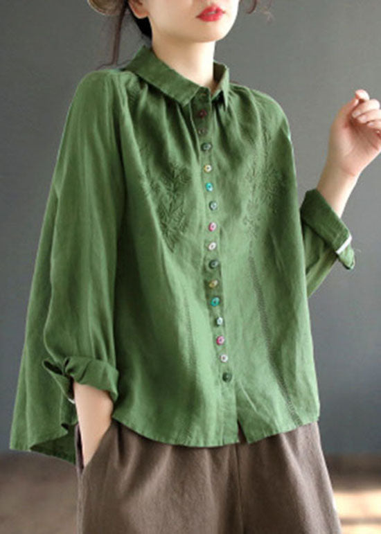 Style Green Broideried Patchwork Linen Shirts printemps