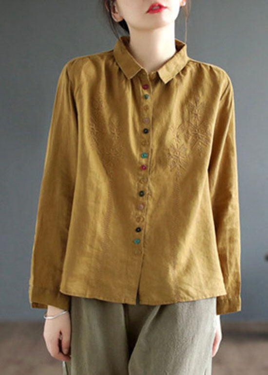 Style Green Broideried Patchwork Linen Shirts printemps