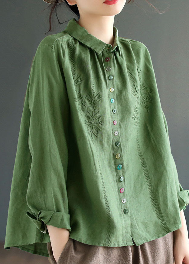 Style Green Broideried Patchwork Linen Shirts printemps