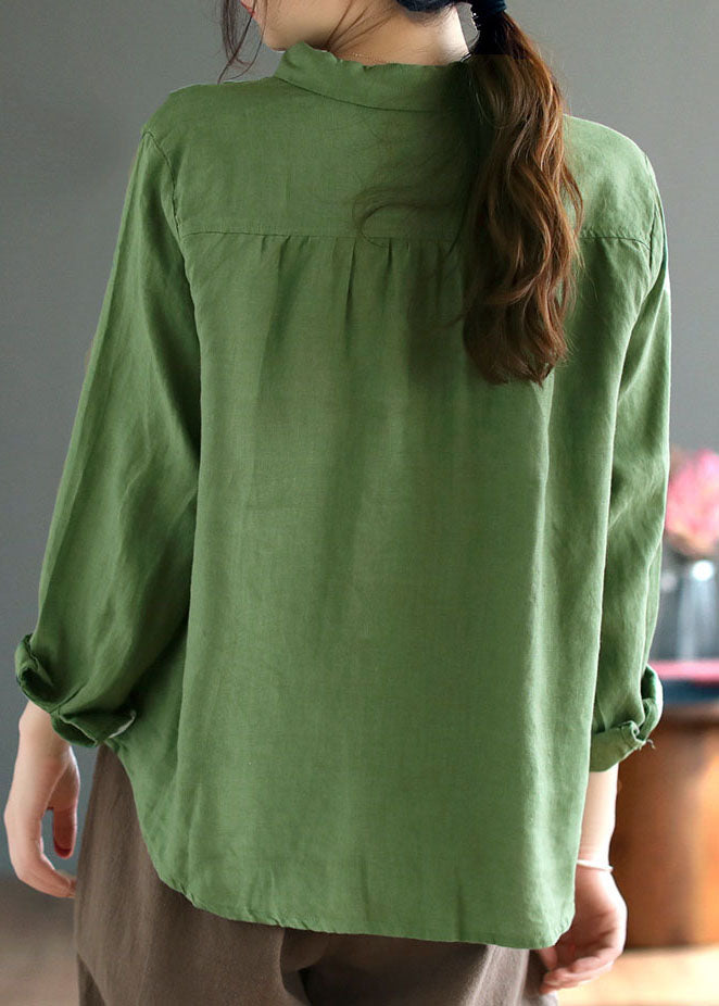 Style Green Broideried Patchwork Linen Shirts printemps