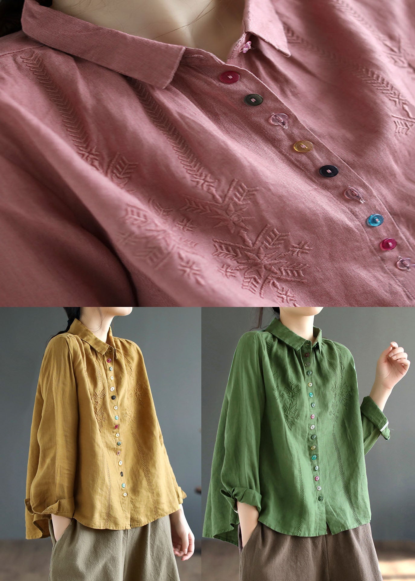 Style Green Broideried Patchwork Linen Shirts printemps