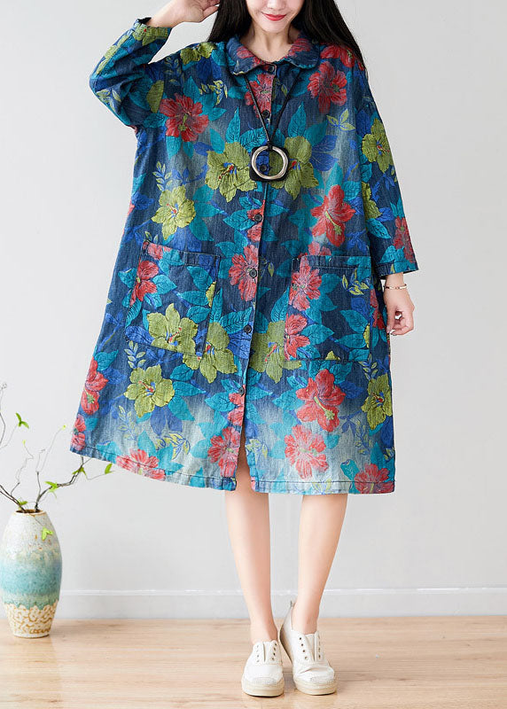 Style Green Peter Pan Collar Pockets Trench Coats Floral Spring