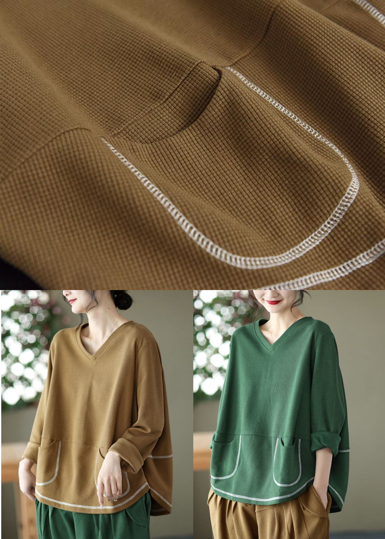 Style Green V Neck Poches