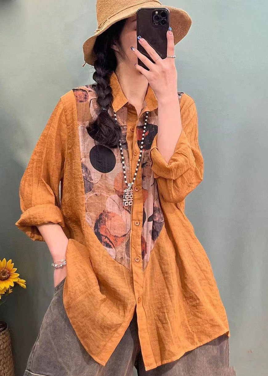 Style Bouton orange Peter Pan Collar Patchwork Shirt Spring