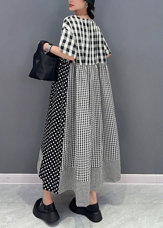 Style Grey Plaid Patchwork Dot Cotton A Line Dress Summer