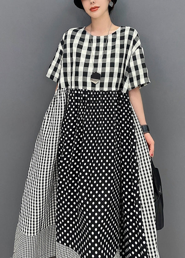 Style Grey Plaid Patchwork Dot Cotton A Line Dress Summer