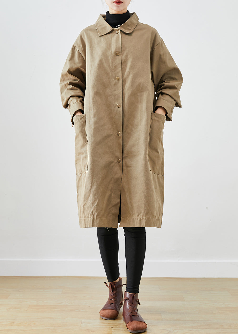 Style Khaki Oversized Pockets Cotton Trench Coat Fall