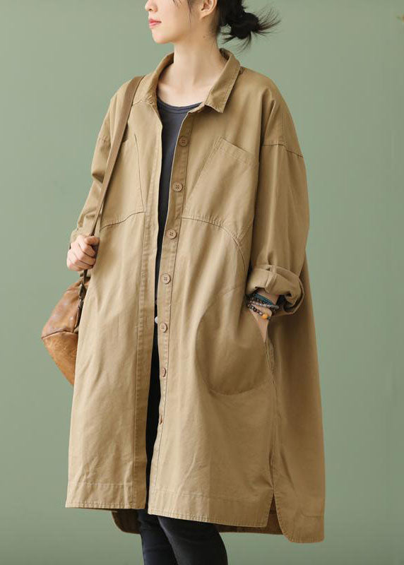 Style Khaki Peterpan Collar Pockets Bouton Low High Design Fall Fall Sleeve Trench Coat