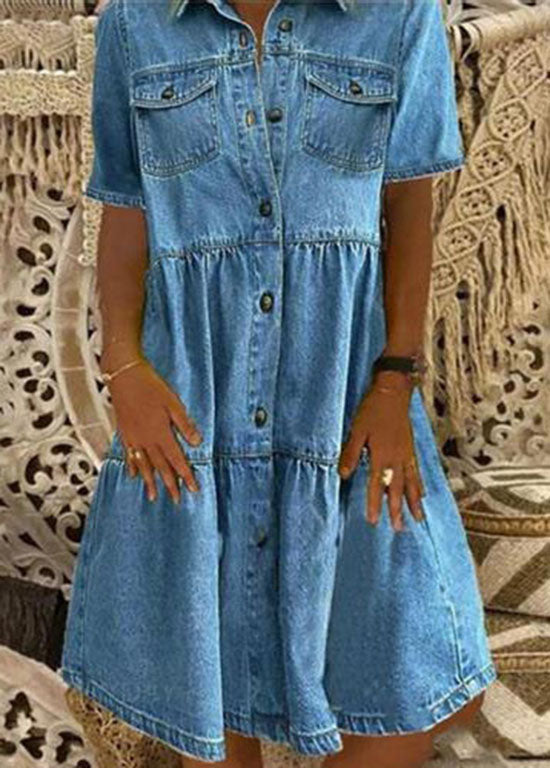 Style Blue Blue Peter Pan Collier Patchwork Patchwork Denim Robe Mid Robe Summer