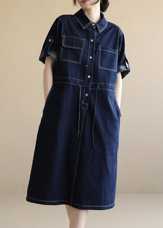 Style Navy Peter Pan Collar Pockets DrawString Cotton Denim Robes Sleeve courte