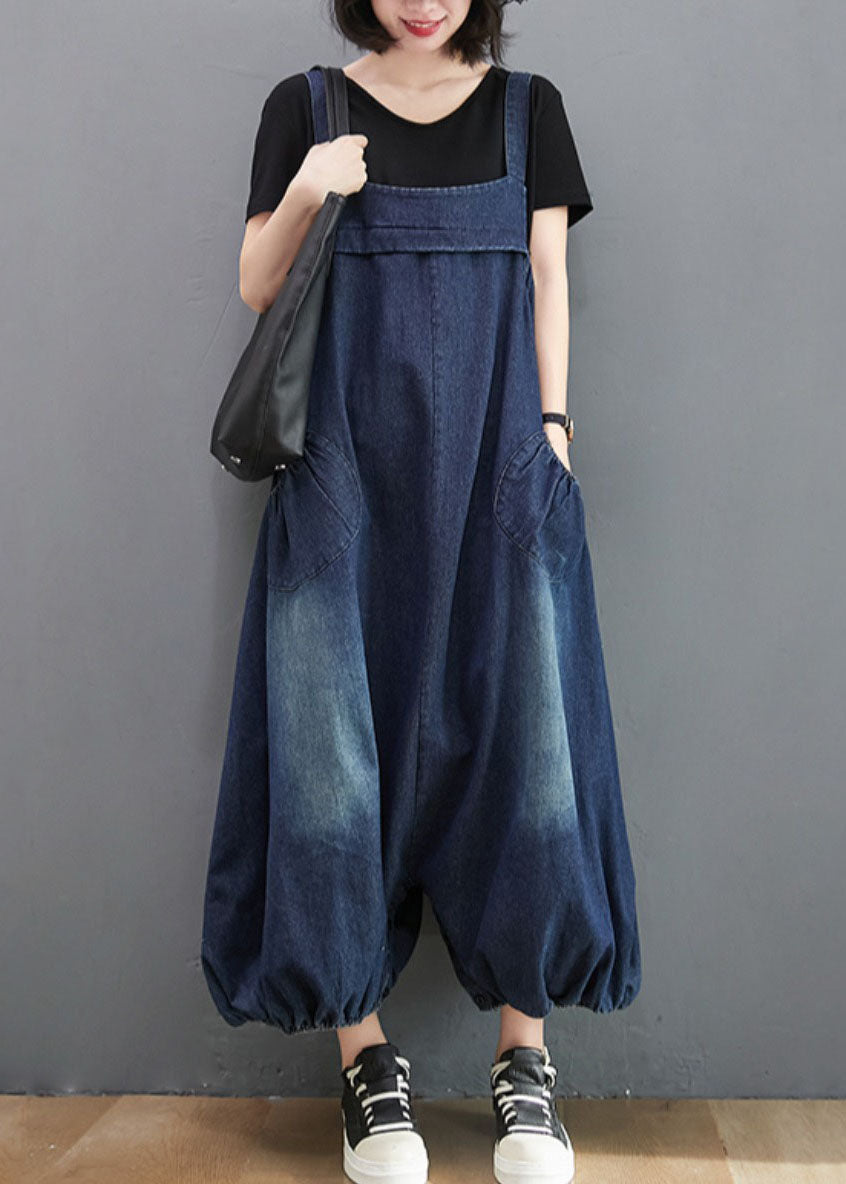 Style Navy Pockets Patchwork Denim Lantern Jumpsuit Summer