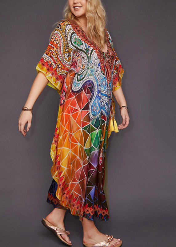 Style Orange V Neck Print MAxi Beach Robe Summer