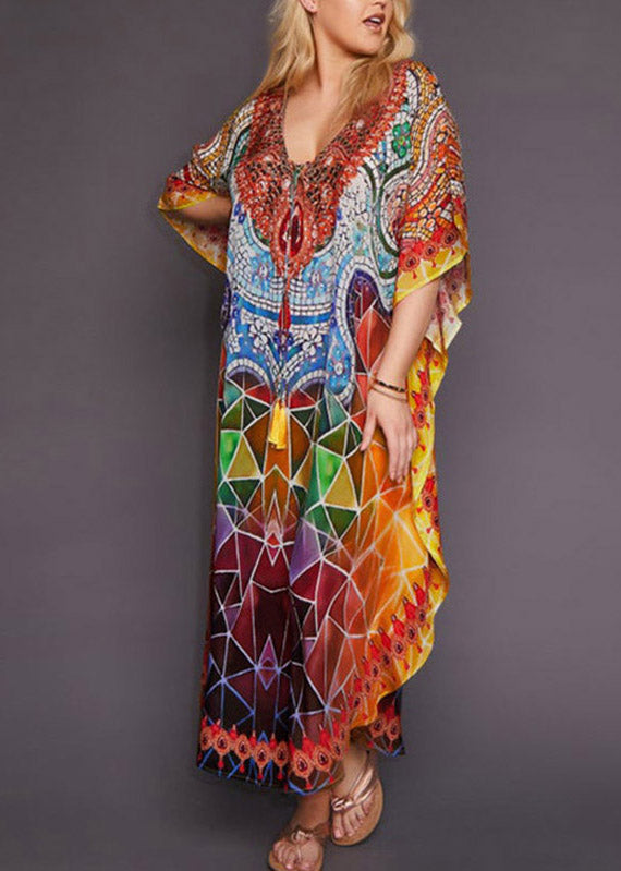 Style Orange V Neck Print MAxi Beach Robe Summer