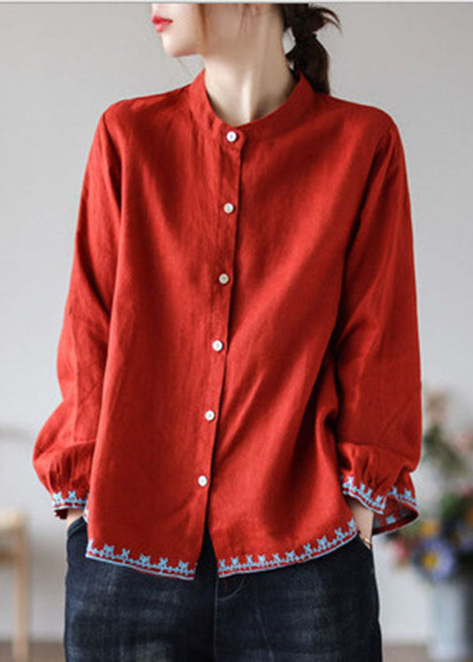 Style Red Broideried Fall Fall Top Long Sleeve