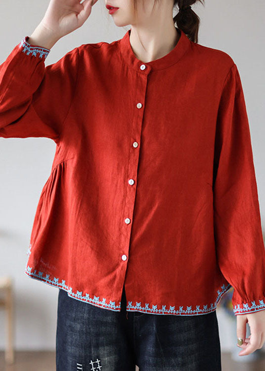 Style Red Broideried Fall Fall Top Long Sleeve