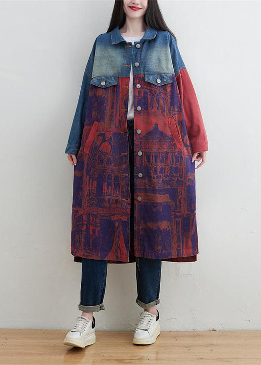 Style Red Peter Pan Collar Patchwork Print Print Denim Outwear Spring