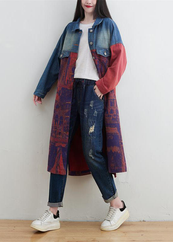 Style Red Peter Pan Collar Patchwork Print Print Denim Outwear Spring