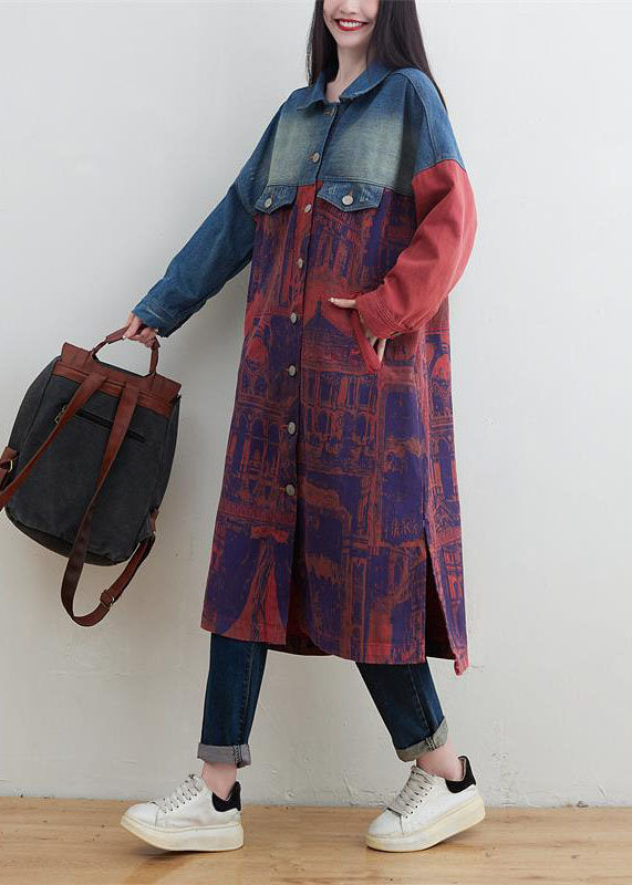 Style Red Peter Pan Collar Patchwork Print Print Denim Outwear Spring