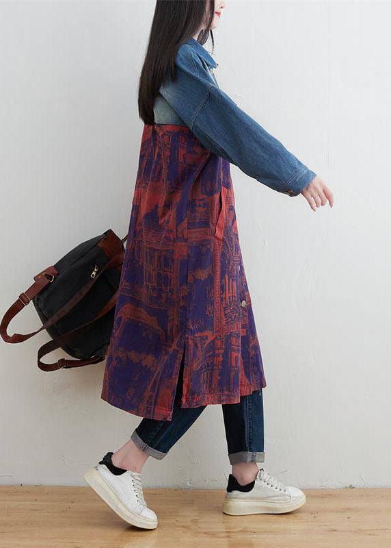 Style Red Peter Pan Collar Patchwork Print Print Denim Outwear Spring