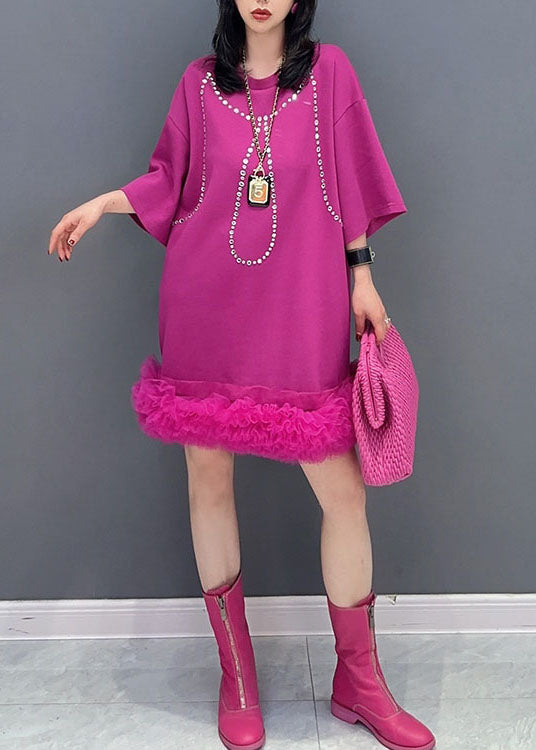 Style Rose Tulle Ruffled Zircon Patchwork Cotton Dress Summer