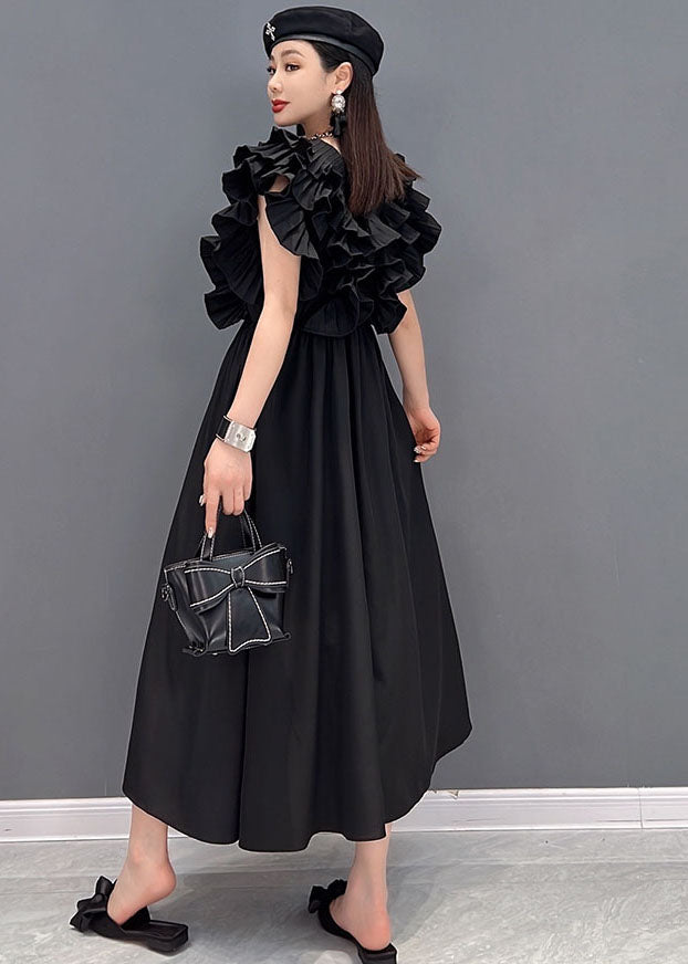 Style Solid Black V Neck Original Ruffles Cotton Long Dress Vestidos Sleeveless