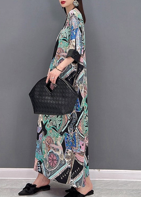 Style V Neck Print Pockets Side Open Chiffon Dresses Half Sleeve