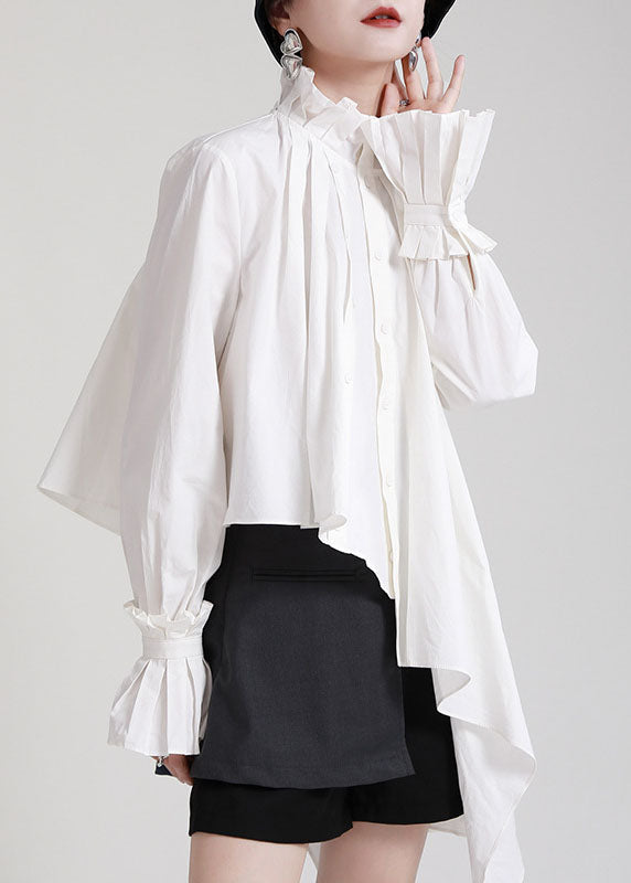 Style White Stand Collar Asymmetrical Wrinkled Cotton Shirts Long Sleeve