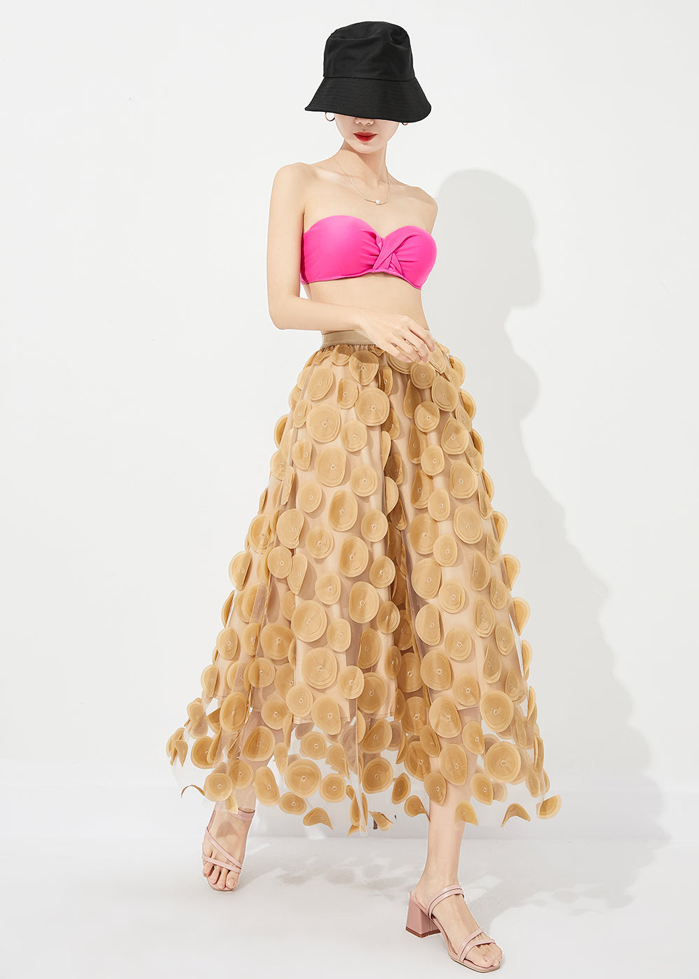 Style jaune haute taille exra grande jupe en tulle ourlet