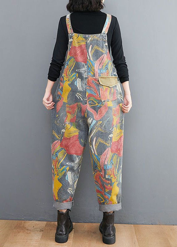 Style Yellow Print Patch Denim Spaghetti Strap Jumpsuit Spring