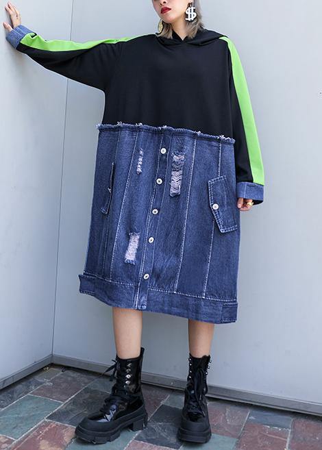 Style black patchwork denim blue outfit hooded Hole shift Dresses - SooLinen