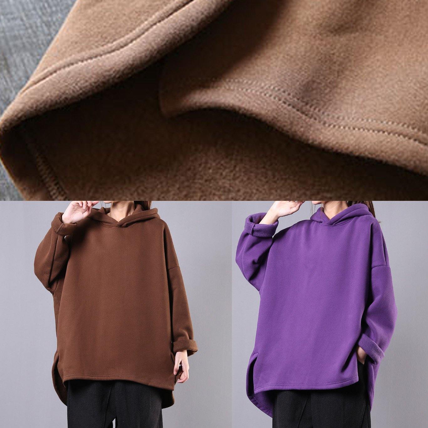 Style chocolate cotton clothes For Women hooded low high design baggy blouses - SooLinen