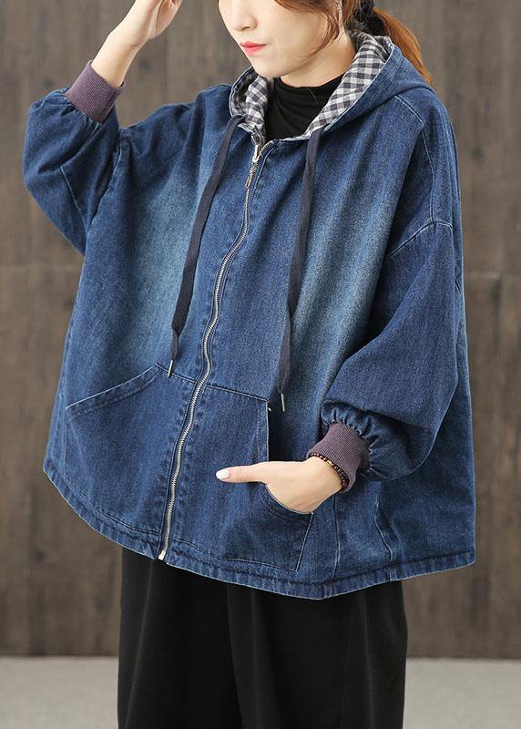 Style hooded pockets clothes For Women Photography denim blue blouses - SooLinen