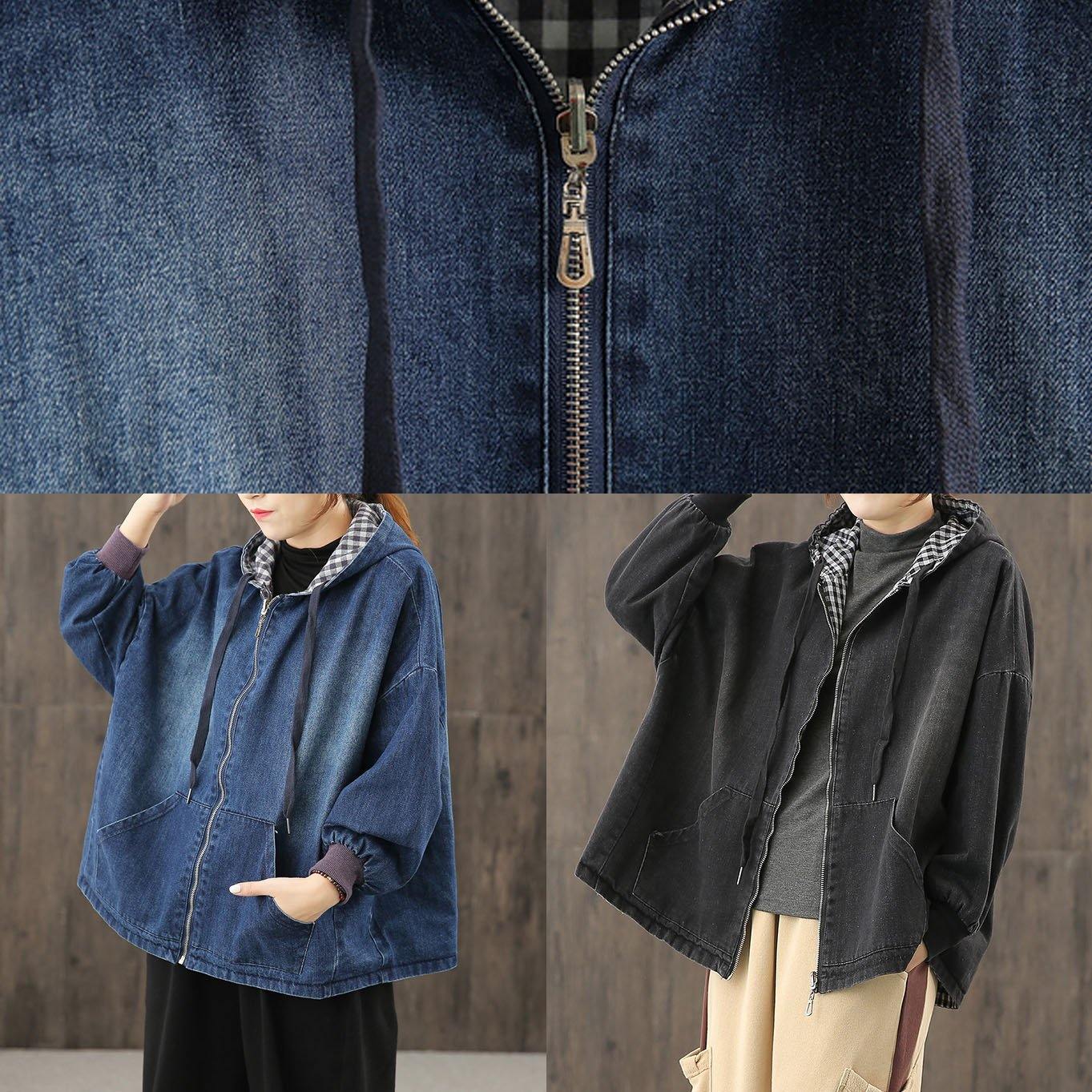 Style hooded pockets clothes For Women Photography denim blue blouses - SooLinen